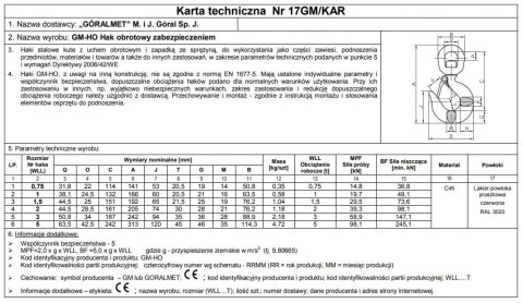 HAK Z ZABEZPIECZENIEM OBROTOWY 1000KG GM-HO UN