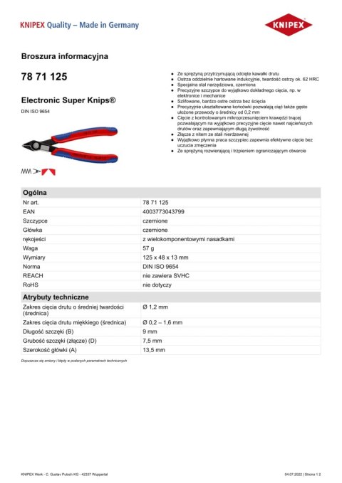 SZCZYPCE DO CIĘCIA 125MM ELECTRONIC SUPER KNIPS KNIPEX