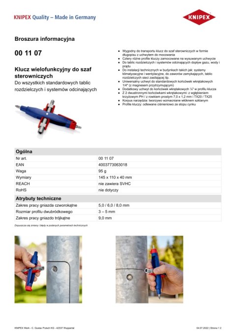 KLUCZ WIELOFUNKCYJNY DO SZAF STEROWNICZYCH KNIPEX