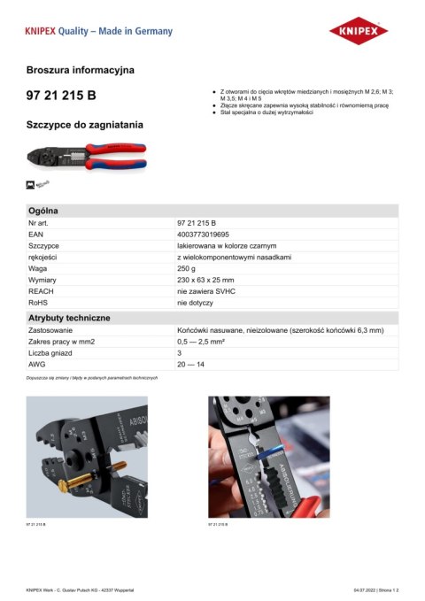 SZCZYPCE DO ZAGNIATANIA ZŁĄCZEK KABLOWYCH 0,5-2,5 MM KNIPEX