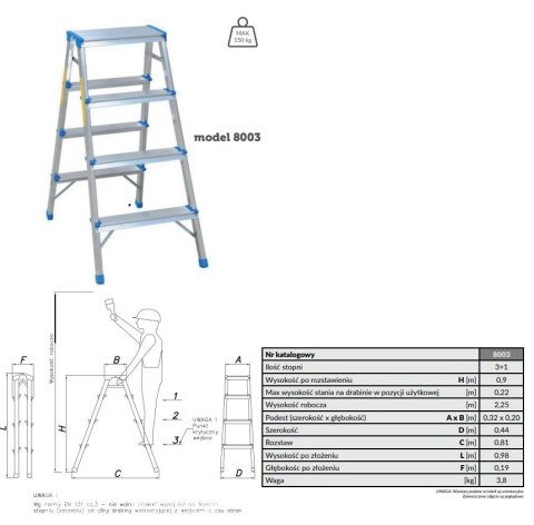 DRABINA ALUMINIOWA DWUSTRONNA 90CM 3 STOPNIE + PODEST DRABEX