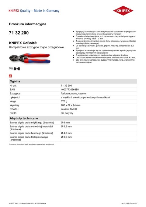 KOMPAKTOWE SZCZYPCE TNĄCE PRZEGUBOWE COBOLT 200MM KNIPEX