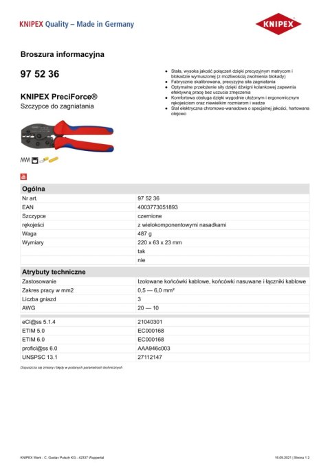 SZCZYPCE PRECIFORCE DO ZGNIATANIA 0,5 - 6,0 MM2 KNIPEX