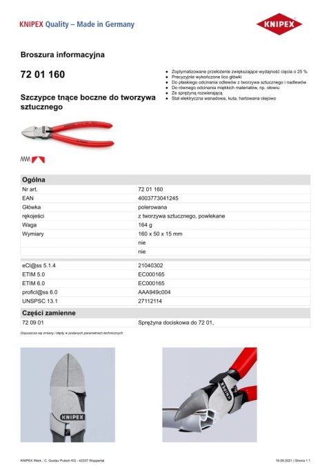 SZCZYPCE TNĄCE BOCZNE DO TWORZYWA SZTUCZNEGO 160MM KNIPEX