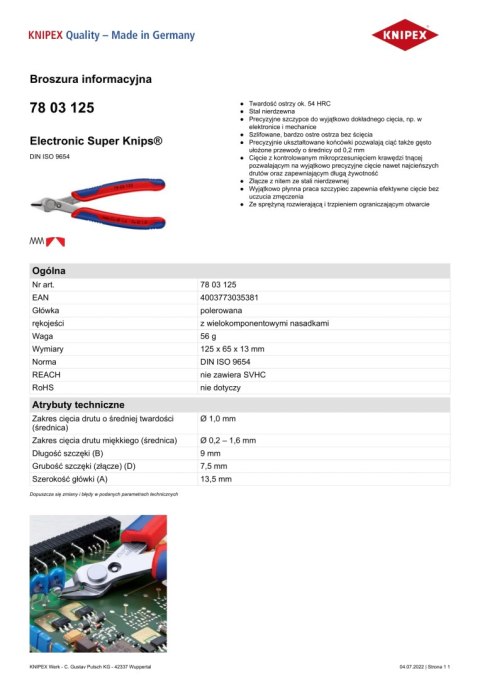 SZCZYPCE DO CIĘCIA 125MM ELECTRONIC SUPER KNIPS KNIPEX