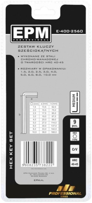 KOMPLET KLUCZY IMBUSOWY ''HEX'' TYP L 9SZT ŚREDNIE EPM