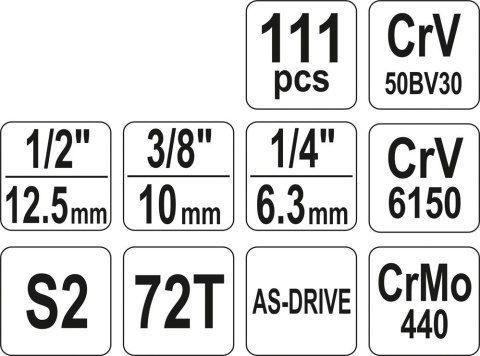 ZESTAW NARZĘDZIOWY 1/4'' 3/8'' 1/2'' 111CZĘŚCI XL YATO