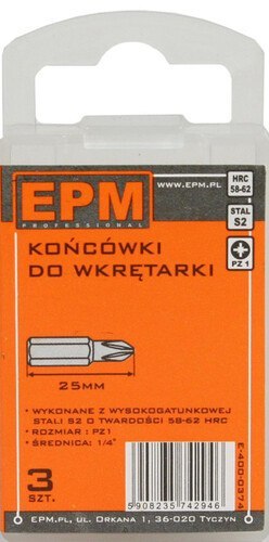 GROT, BIT, KOŃCÓWKA DO WKRĘTARKI 25MM 3SZT. PZ1 EPM