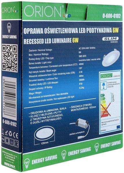 PANEL LED PODTYNKOWY OKRĄGŁY SLIM 12W, 960LM, 175MM ORION