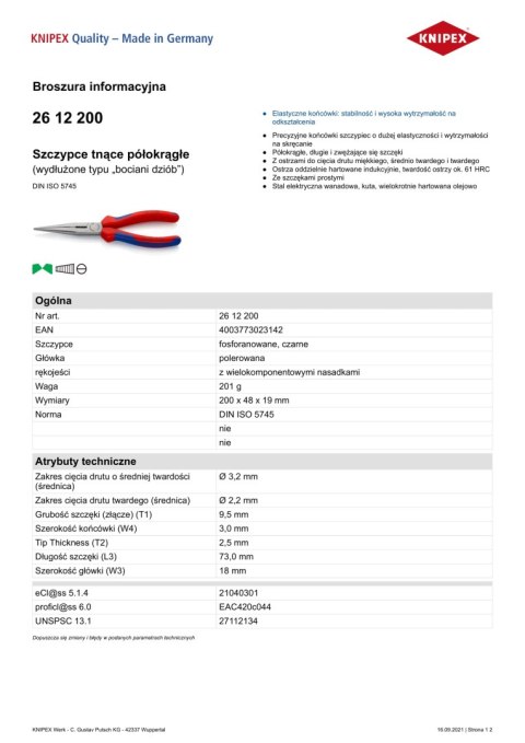 SZCZYPCE FOSFORANOWANE CZARNE, GŁÓWKA POLEROWANA 200MM KNIPEX