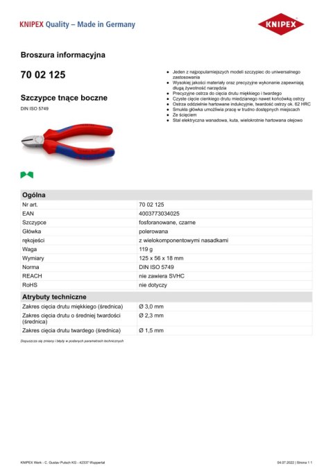 SZCZYPCE TNĄCE BOCZNE 125MM, POWLEKANE KNIPEX