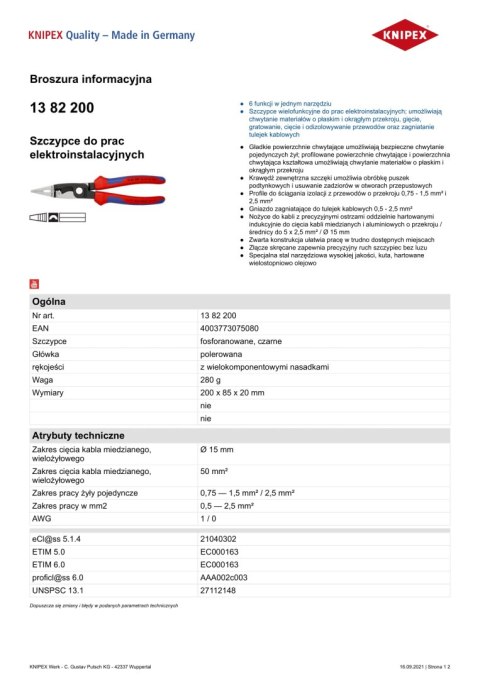 SZCZYPCE DO PRAC ELEKTROINSTALACYJNYCH 200MM KNIPEX