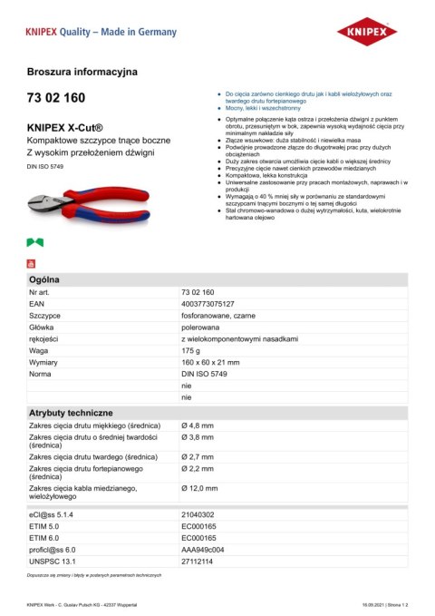 SZCZYPCE TNĄCE BOCZNE X-CUT 160MM KNIPEX