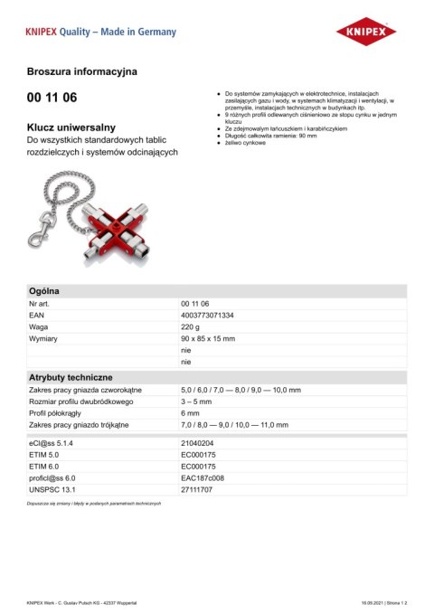 KLUCZ UNIWERSALNY DO WSZYSTKICH STANDARDOWYCH TABLIC ROZDZI. KNIPEX