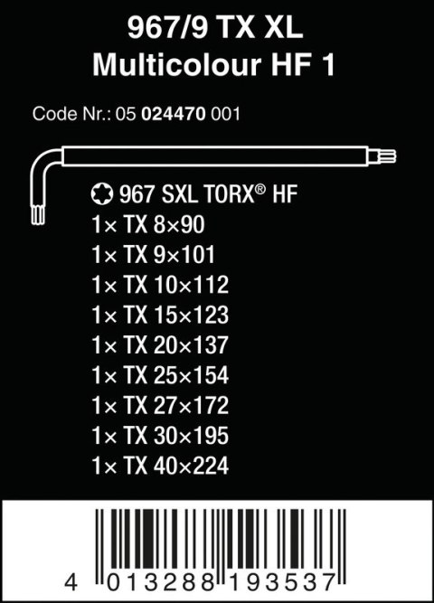 ZESTAW KLUCZY TRZPIENIOWYCH TORX 967/9 TX XL MULTIC TX8-TX40 WERA