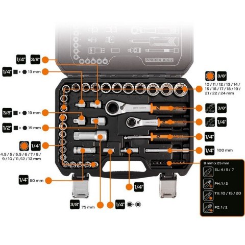 ZESTAW NASADEK PRZELOTOWYCH 1/4' + 3/8', 46 SZT. NEO