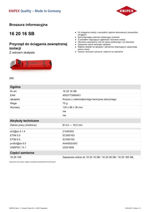 PRZYRZĄD DO ŚCIĄGANIA ZEWNĘTRZNEJ IZOLACJI 4.0-16,0MM 130MM KNIPEX