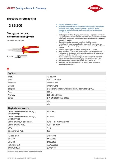 SZCZYPCE DO PRAC ELEKTROINSTALACYJNYCH IZOLOWANE 200MM KNIPEX