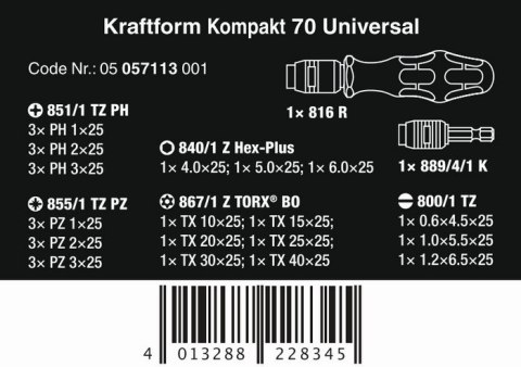 ZESTAW KRAFTFORM KOMPAKT 70 UNIVERSAL, 32 CZĘŚĆ WERA