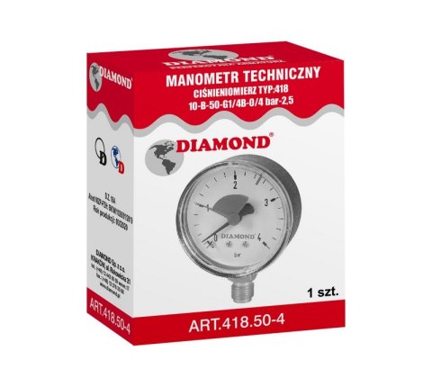 MANOMETR TECHNICZNY ŚR. 50MM 0-4 BAR GW 1/4' DIAMOND