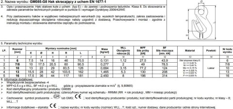 HAK SKRACAJĄCY Z UCHEM 13MM WLL5.3T G8 EN1677-1 UN