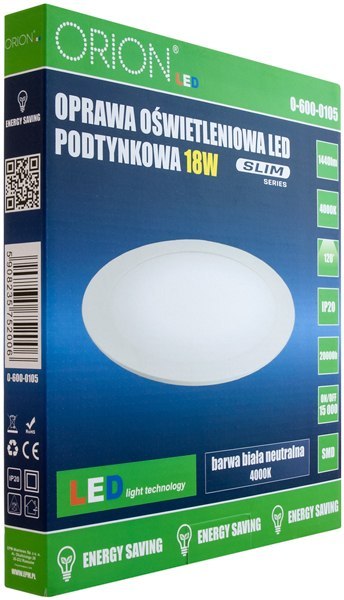 PANEL LED PODTYNKOWY OKRĄGŁY SLIM 18W, 1440LM, 225MM ORION