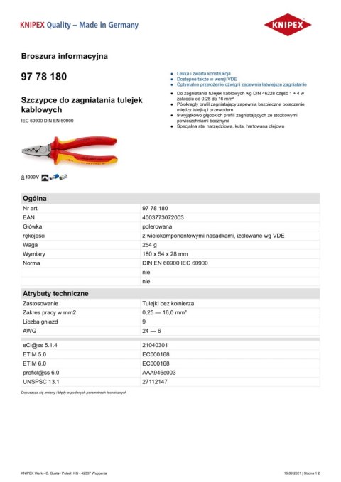 SZCZYPCE DO ZAGNIATANIA TULEJEK 180MM KNIPEX