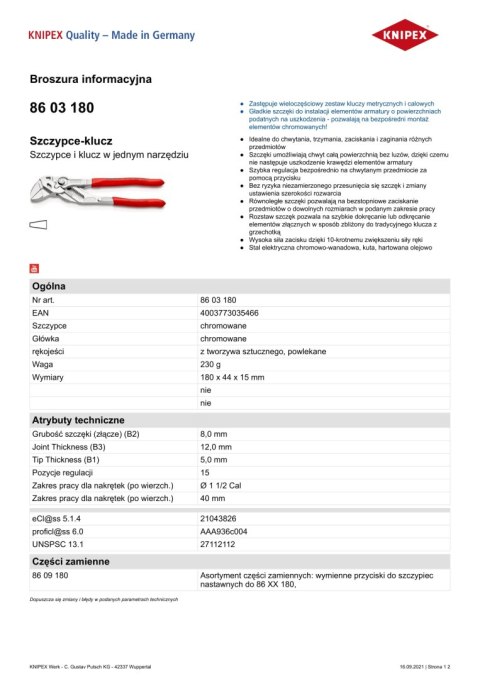 SZCZYPCE-KLUCZ 180MM KNIPEX