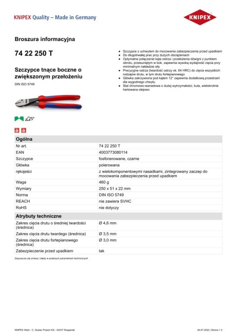 SZCZYPCE TNĄCE BOCZNE O ZWIĘKSZONYM PRZEŁOŻENIU 250MM KNIPEX