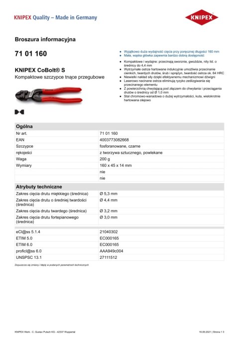 SZCZYPCE TNĄCE PRZEGUBOWE COBOLT 160MM KNIPEX