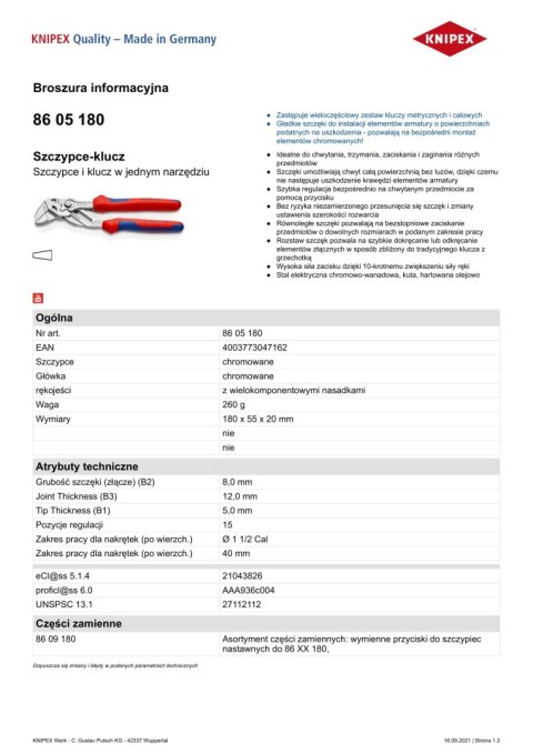 SZCZYPCE-KLUCZ 180MM KNIPEX