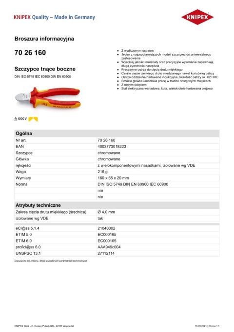 SZCZYPCE TNĄCE BOCZNE IZOLOWANE 160MM KNIPEX