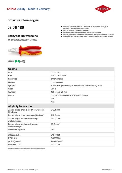 SZCZYPCE UNIWERSALNE IZOLOWANE VDE 180MM KNIPEX