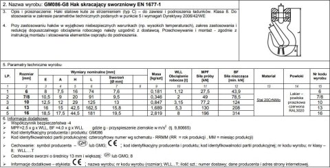 HAK SKRACAJĄCY ZE SWORZNIEM 10MM G8 WLL 3.15T UN