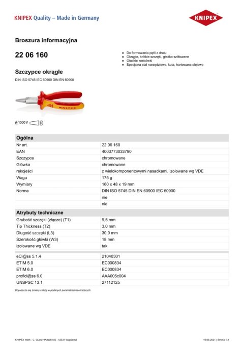 SZCZYPCE OKRĄGŁE 1000V 160MM KNIPEX