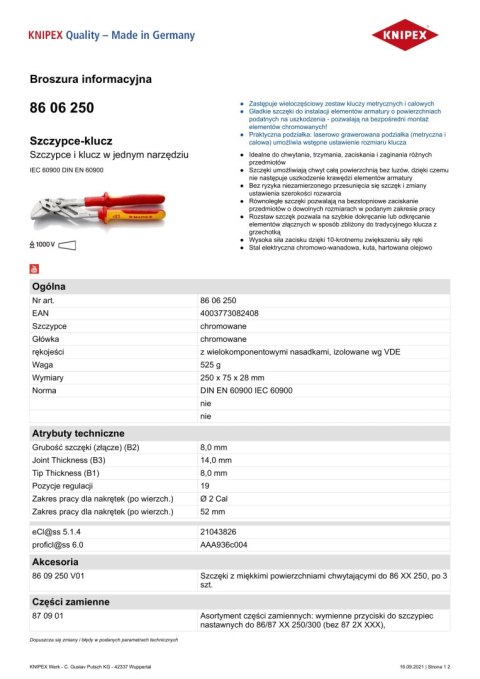 SZCZYPCE-KLUCZ 250MM VDE 1000V KNIPEX