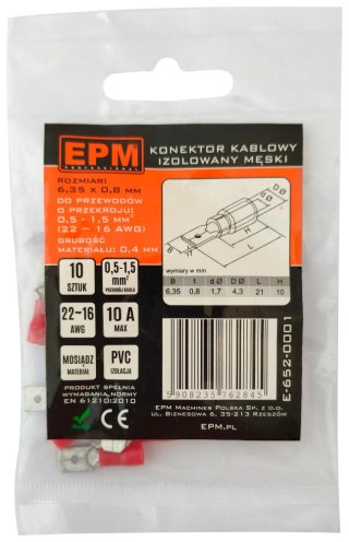 KOŃCÓWKA WSUWANA IZOLOWANA 0.5-1.5MM 0.8-6.35 10 SZTUK EPM