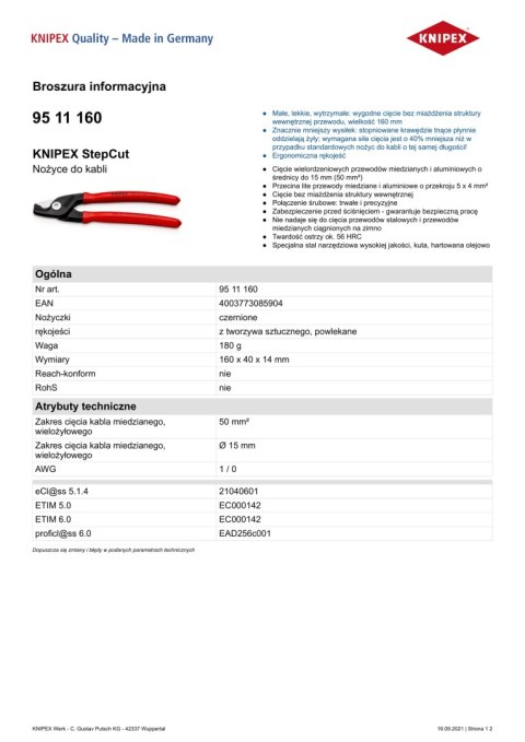 NOŻYCE DO KABLI STEPCUT 160MM KNIPEX