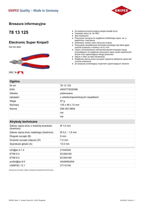 SZCZYPCE TNĄCE BOCZNE PRECYZYJNE SUPER KNIPS 125MM KNIPEX