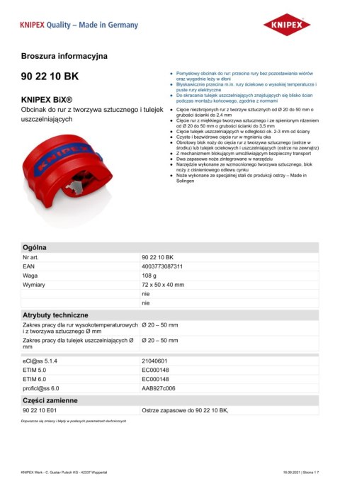 OBCINAK BIX DO RUR Z TWORZYWA I TULEJEK 20-50MM KNIPEX