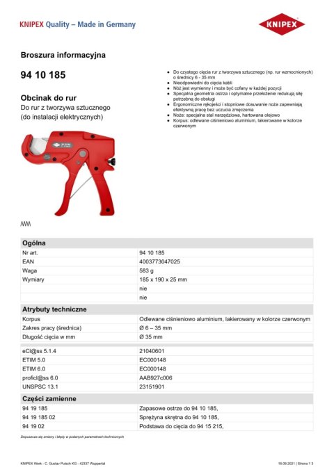 OBCINAK DO RUR Z TWORZYWA I INSTALACJIELEKTR.185MM KNIPEX