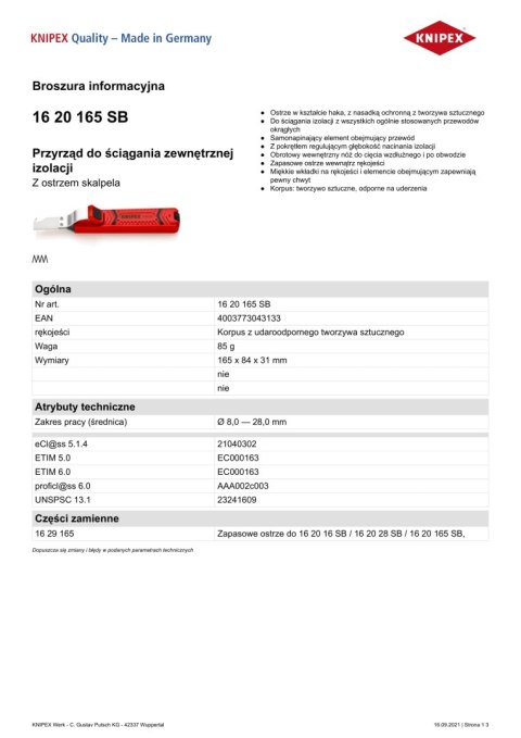 PRZYRZĄD DO ŚCIĄGANIA ZEWNĘTRZNEJ IZOLACJI 8.0-28.0MM 165MM KNIPEX