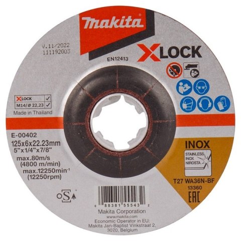 TARCZA SZLIFIERSKA DO METALU 125*6*22MM X-LOCK WA36N MAKITA