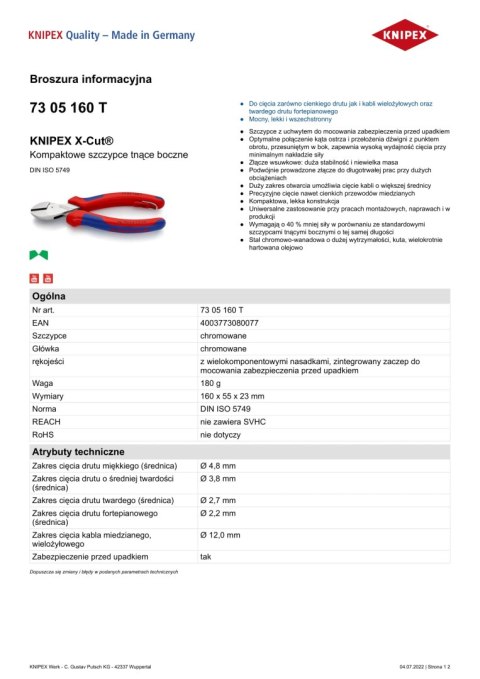 KOMPAKTOWE SZCZYPCE TNĄCE BOCZNE X-CUT 160MM KNIPEX