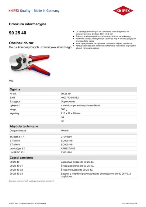 OBCINAK DO RUR KOMPOZYTOWYCH I Z TWORZYWA 210MM KNIPEX