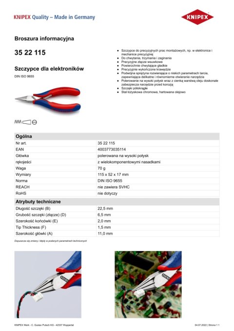 SZCZYPCE DLA ELEKTRONIKÓW 115MM KNIPEX