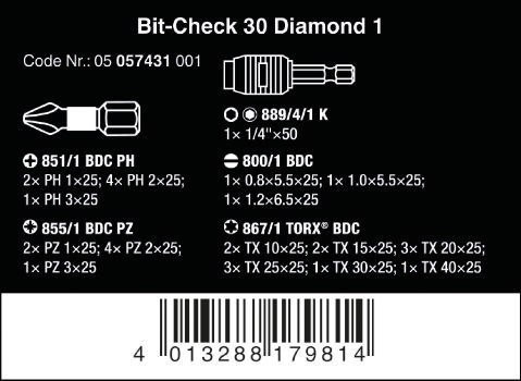 ZESTAW BITÓW BIT-CHECK 30 DIAMOND 1, 30 CZĘŚĆ WERA