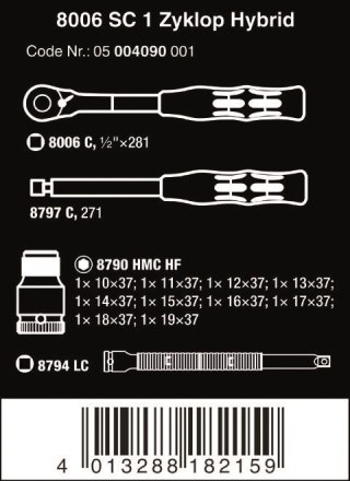 ZESTAW KLUCZY NASADOWYCH Z GRZECHOTKĄ ZYKLOP HYBRID 1/2'' WERA