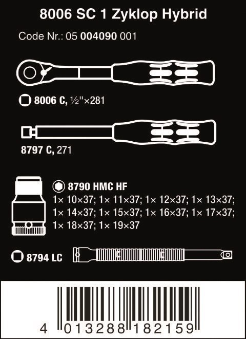 ZESTAW KLUCZY NASADOWYCH Z GRZECHOTKĄ ZYKLOP HYBRID 1/2'' WERA