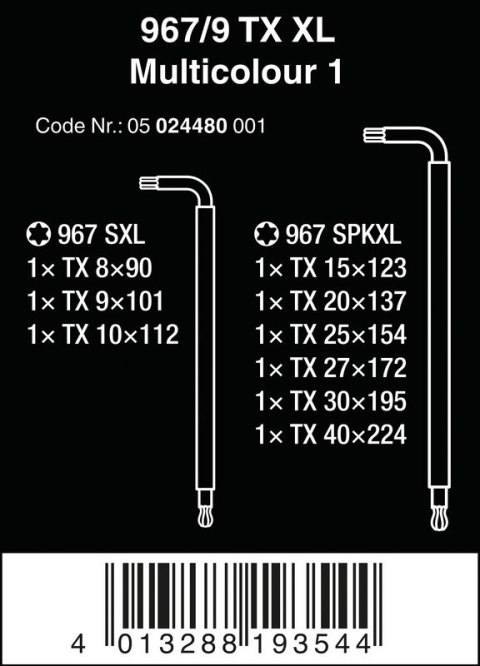 ZESTAW KLUCZY TRZPIENIOWYCH TORX 967/9 TX XL MULTIC TX8-TX40 WERA